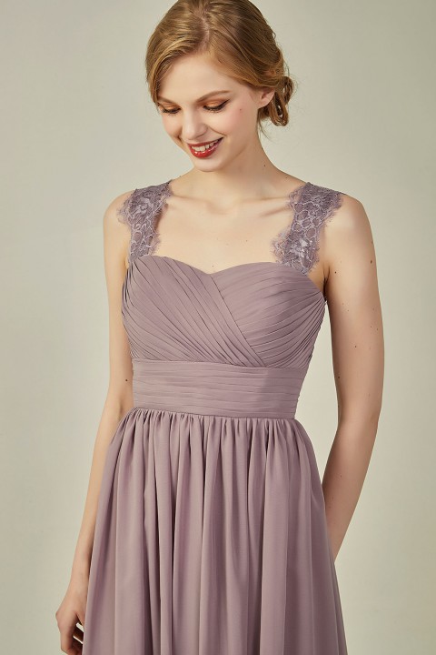 Pleated Long Chiffon Open Back Lace Strap Bridesmaid Dress