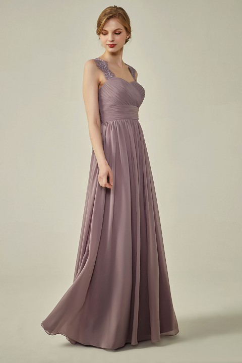 Pleated Long Chiffon Open Back Lace Strap Bridesmaid Dress