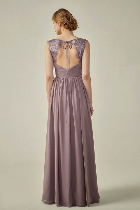 Pleated Long Chiffon Open Back Lace Strap Bridesmaid Dress