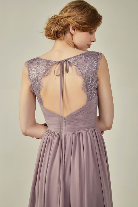 Pleated Long Chiffon Open Back Lace Strap Bridesmaid Dress