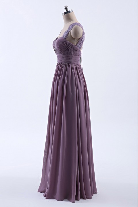 Pleated Long Chiffon Open Back Lace Strap Bridesmaid Dress