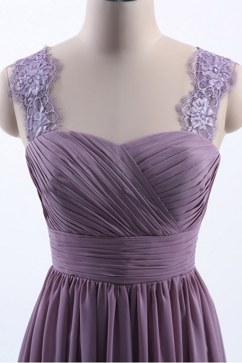 Pleated Long Chiffon Open Back Lace Strap Bridesmaid Dress