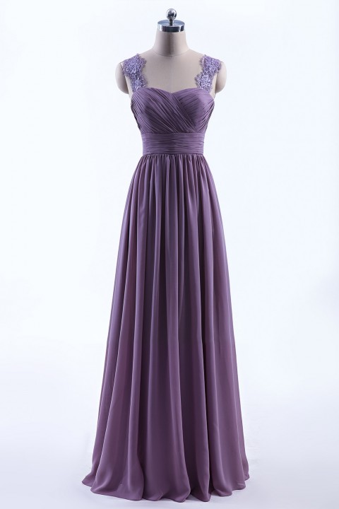 Pleated Long Chiffon Open Back Lace Strap Bridesmaid Dress