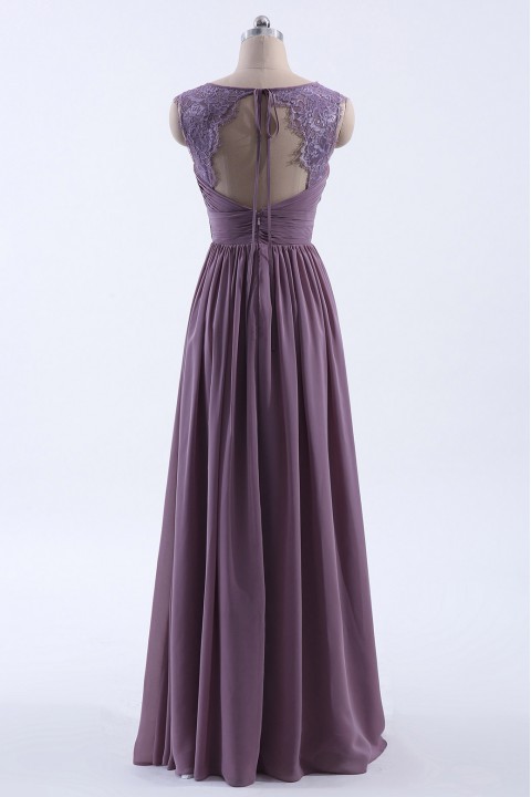 Pleated Long Chiffon Open Back Lace Strap Bridesmaid Dress