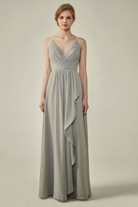 Lace Illusion Back Clousre Tulle Strap V-Neck Bridesmaid Dress with Ruffle