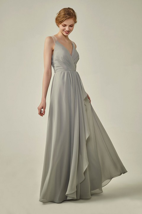 Lace Illusion Back Clousre Tulle Strap V-Neck Bridesmaid Dress with Ruffle