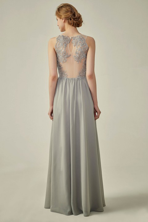 Lace Illusion Back Clousre Tulle Strap V-Neck Bridesmaid Dress with Ruffle