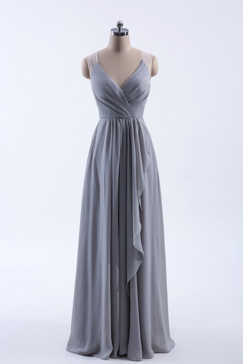 Lace Illusion Back Clousre Tulle Strap V-Neck Bridesmaid Dress with Ruffle