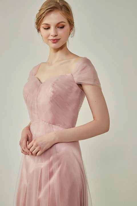 Simple Off the Shoulder Tulle Sweetheart Column Bridesmaid Dress