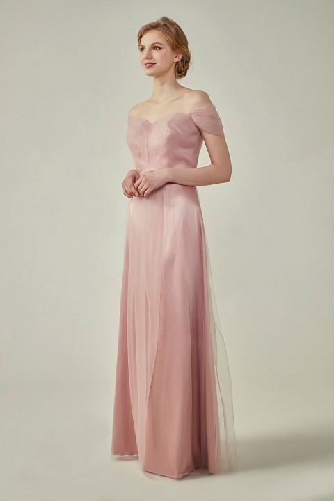 Simple Off the Shoulder Tulle Sweetheart Column Bridesmaid Dress