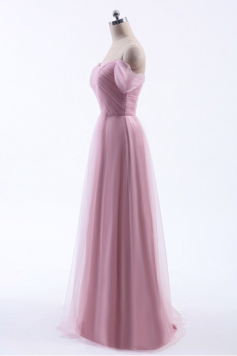 Simple Off the Shoulder Tulle Sweetheart Column Bridesmaid Dress