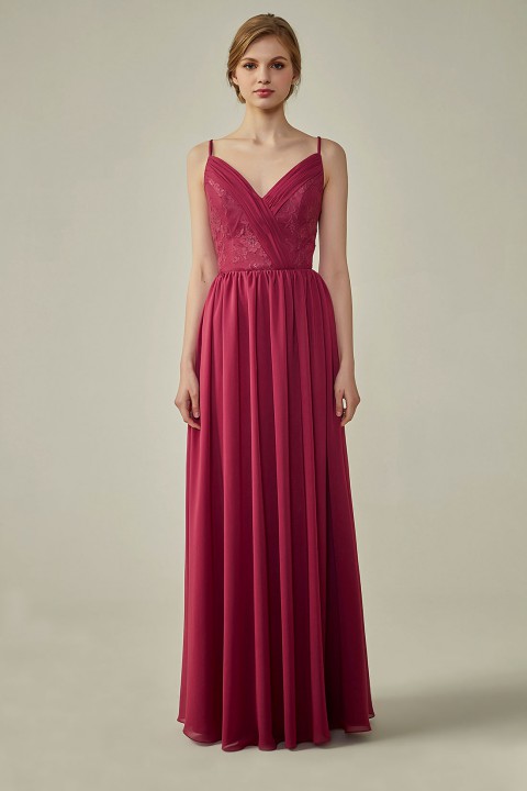 Double Spaghetti Straps Draped Lace Open-back Chiffon Bridesmaid Dress