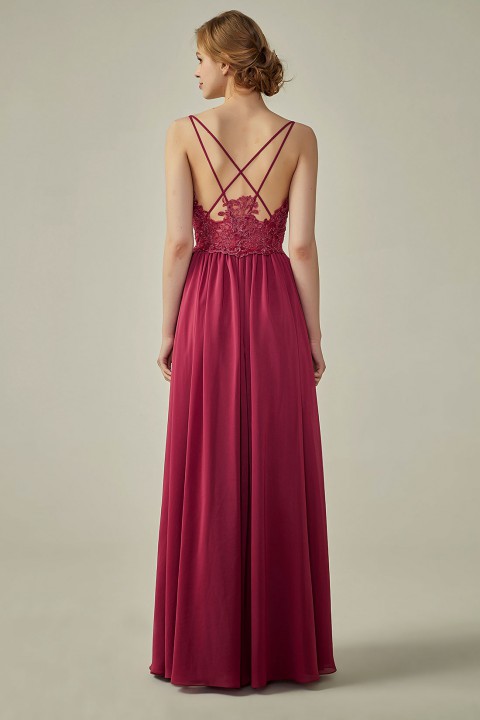 Double Spaghetti Straps Draped Lace Open-back Chiffon Bridesmaid Dress