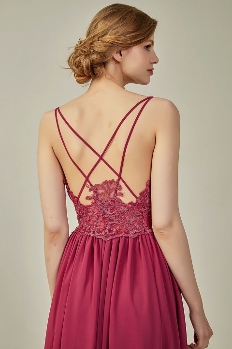 Double Spaghetti Straps Draped Lace Open-back Chiffon Bridesmaid Dress