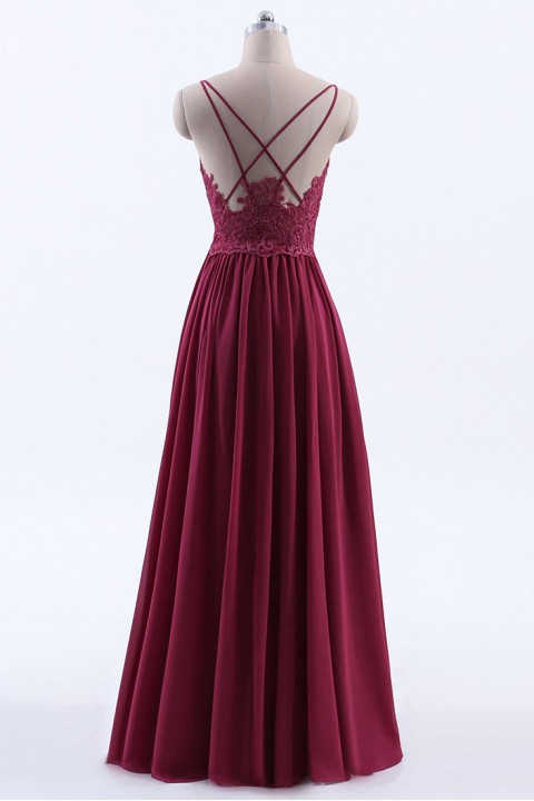 Double Spaghetti Straps Draped Lace Open-back Chiffon Bridesmaid Dress