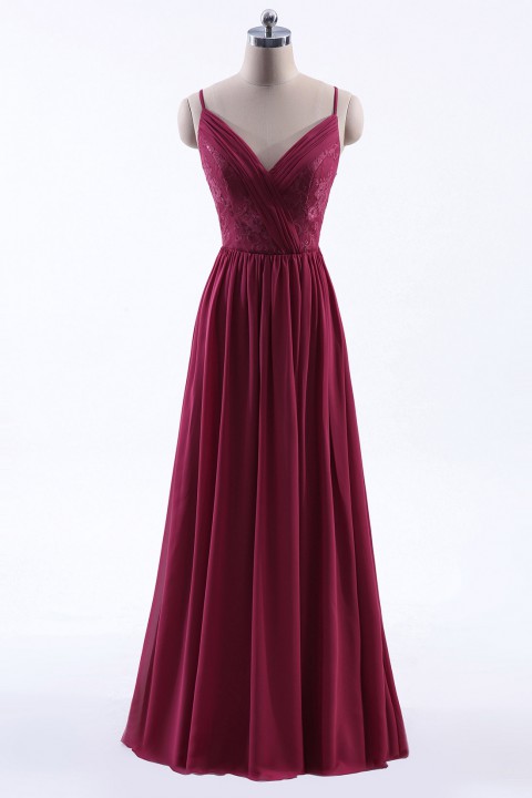 Double Spaghetti Straps Draped Lace Open-back Chiffon Bridesmaid Dress