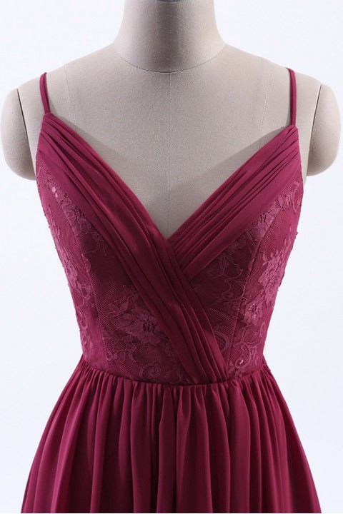 Double Spaghetti Straps Draped Lace Open-back Chiffon Bridesmaid Dress