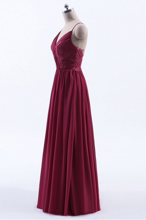 Double Spaghetti Straps Draped Lace Open-back Chiffon Bridesmaid Dress