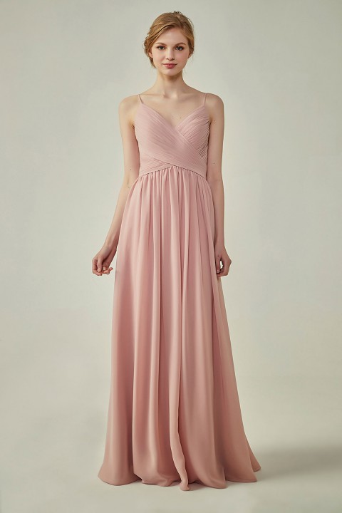 Spaghetti Straps Pleated Low V Back Bridesmaid Dress