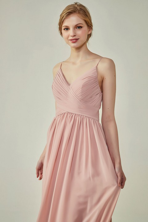 Spaghetti Straps Pleated Low V Back Bridesmaid Dress