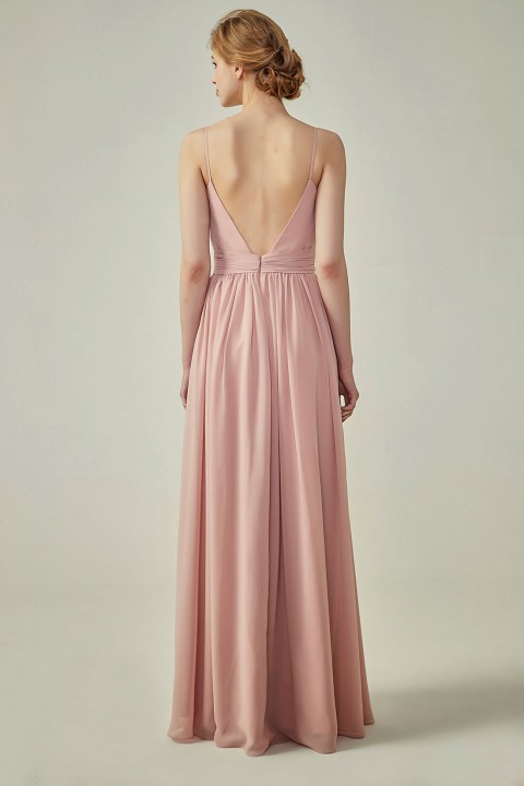 Spaghetti Straps Pleated Low V Back Bridesmaid Dress