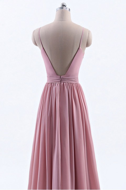 Spaghetti Straps Pleated Low V Back Bridesmaid Dress