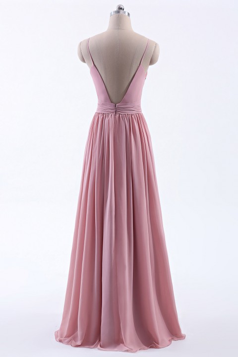 Spaghetti Straps Pleated Low V Back Bridesmaid Dress