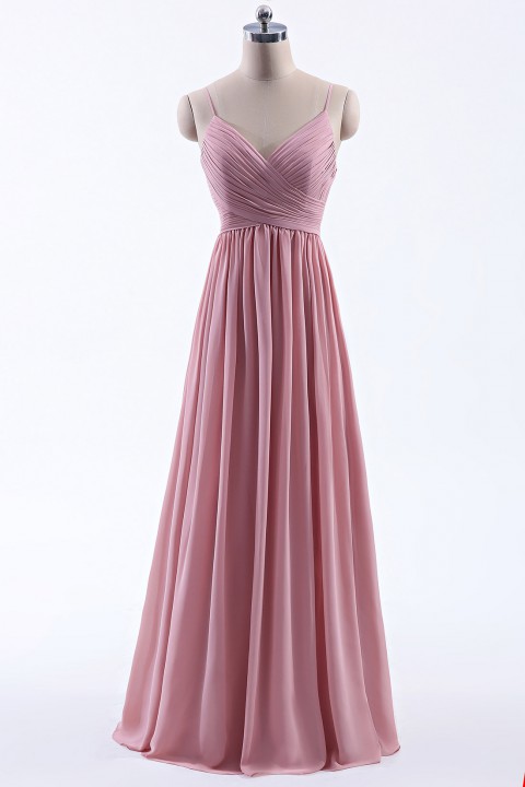 Spaghetti Straps Pleated Low V Back Bridesmaid Dress