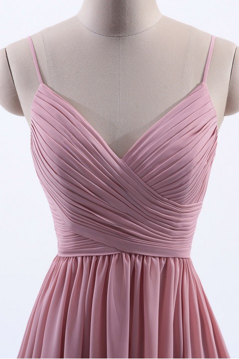 Spaghetti Straps Pleated Low V Back Bridesmaid Dress