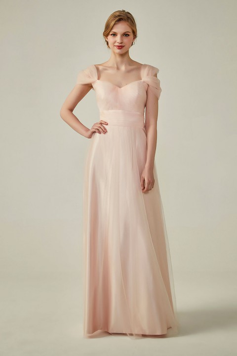 Sweetheart Neckline Cold Shoulder Long V back Tulle Bridesmaid Dress