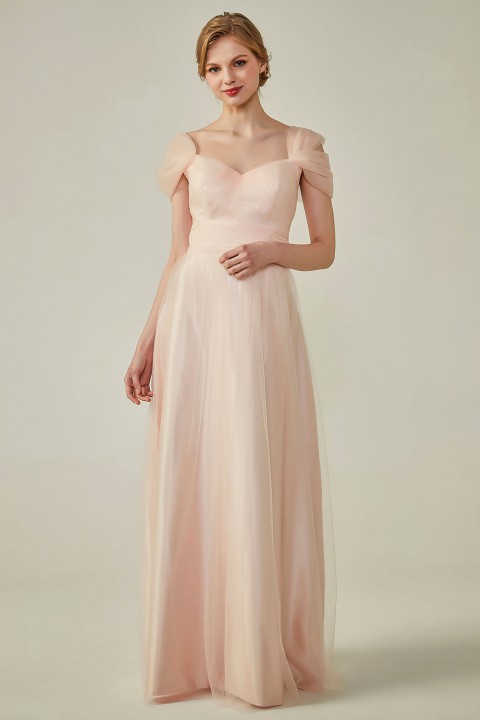 Sweetheart Neckline Cold Shoulder Long V back Tulle Bridesmaid Dress