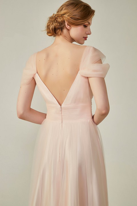 Sweetheart Neckline Cold Shoulder Long V back Tulle Bridesmaid Dress