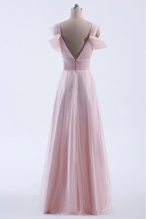 Sweetheart Neckline Cold Shoulder Long V back Tulle Bridesmaid Dress