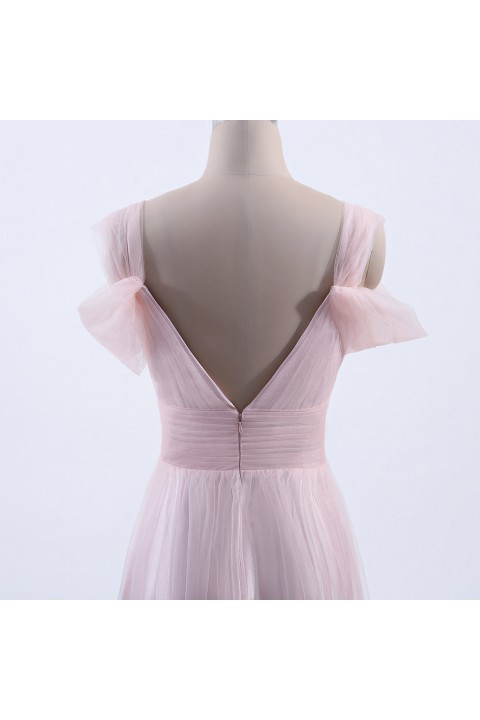 Sweetheart Neckline Cold Shoulder Long V back Tulle Bridesmaid Dress