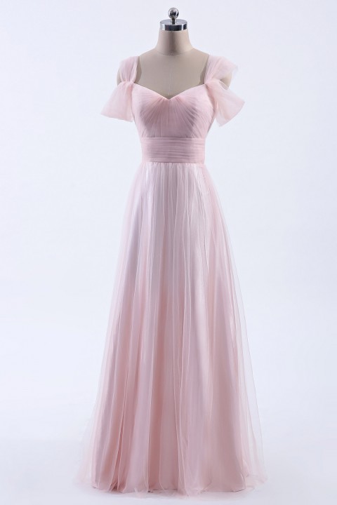 Sweetheart Neckline Cold Shoulder Long V back Tulle Bridesmaid Dress