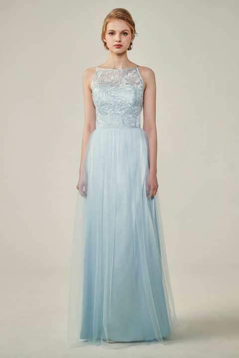 Tulle Lace Illusion Boatneck and Back Bridesmaid Dress with Keyhole 