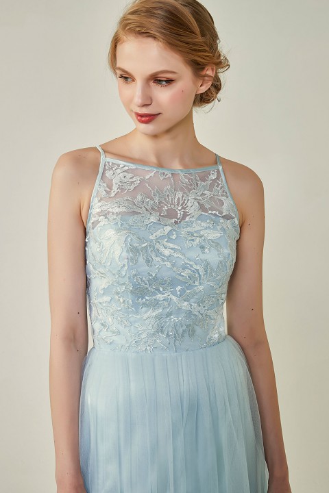 Tulle Lace Illusion Boatneck and Back Bridesmaid Dress with Keyhole 