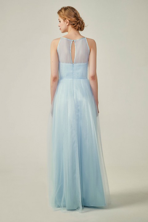 Tulle Lace Illusion Boatneck and Back Bridesmaid Dress with Keyhole 