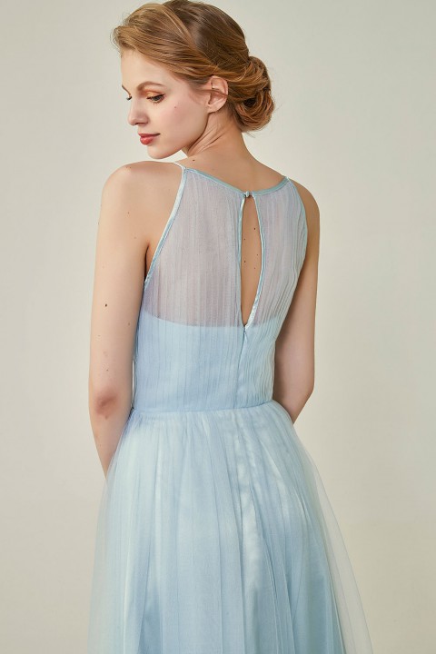 Tulle Lace Illusion Boatneck and Back Bridesmaid Dress with Keyhole 