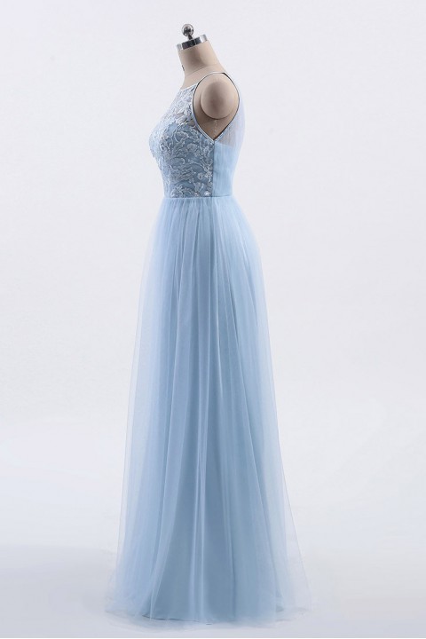 Tulle Lace Illusion Boatneck and Back Bridesmaid Dress with Keyhole 