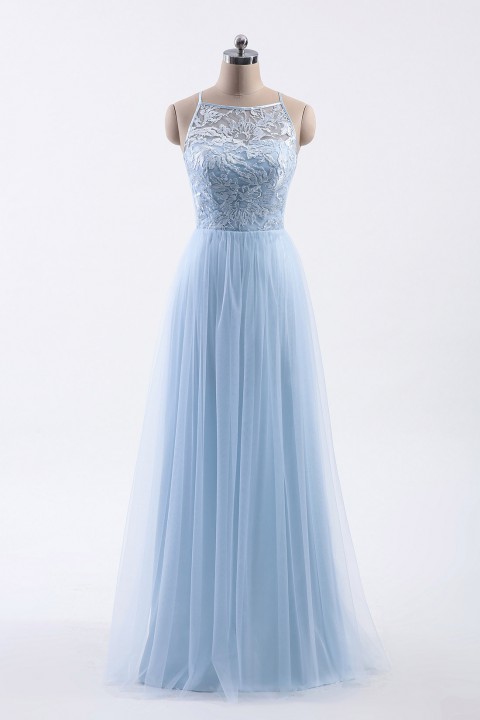 Tulle Lace Illusion Boatneck and Back Bridesmaid Dress with Keyhole 