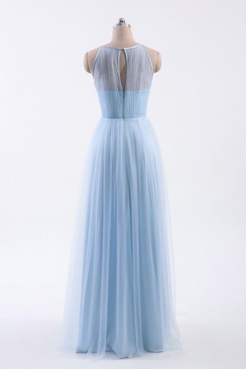 Tulle Lace Illusion Boatneck and Back Bridesmaid Dress with Keyhole 