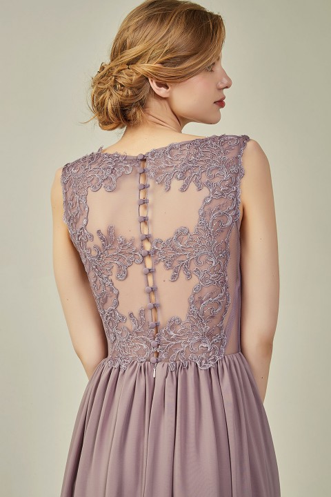 Lace Illusion Back Closure with Button Ruched V-Neck Bridesmaid Dress 